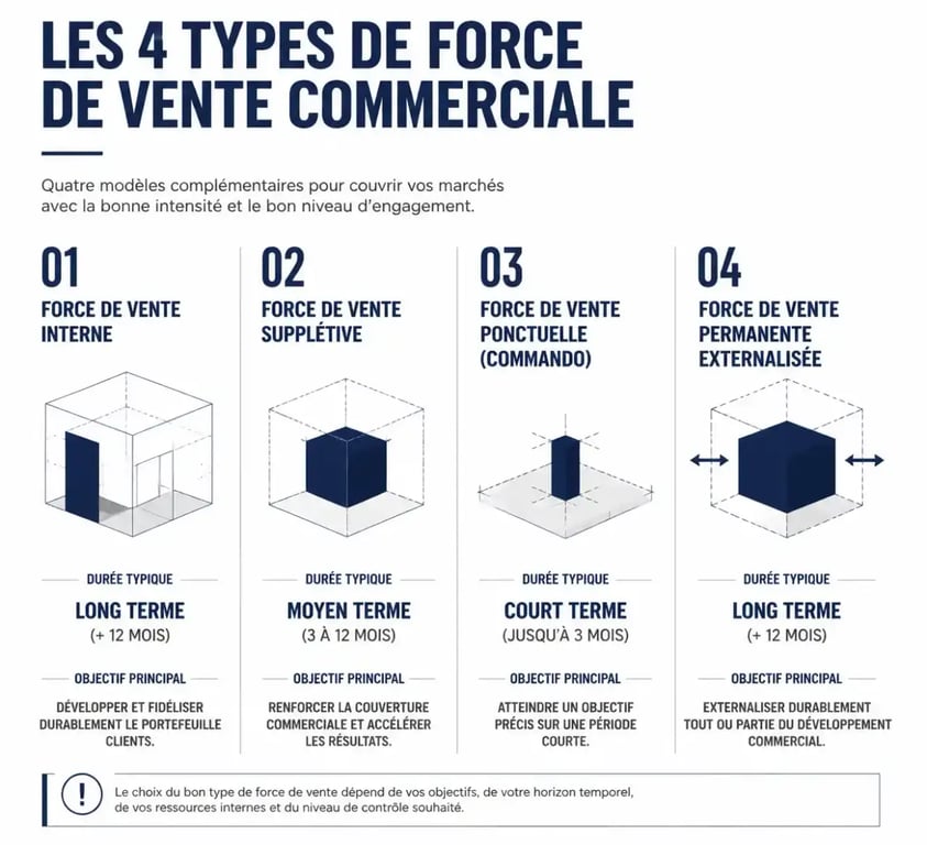 Infographie comparant les quatre types de force de vente externalisée : interne, supplétive, ponctuelle et permanente