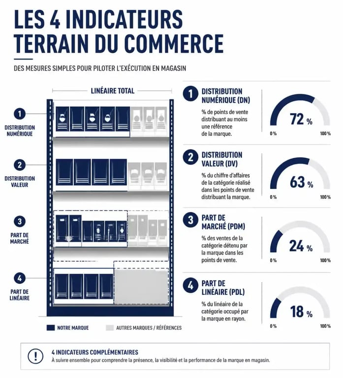 Infographie des indicateurs DN, DV, PDM et PDL utilisés pour piloter une force de vente externalisée