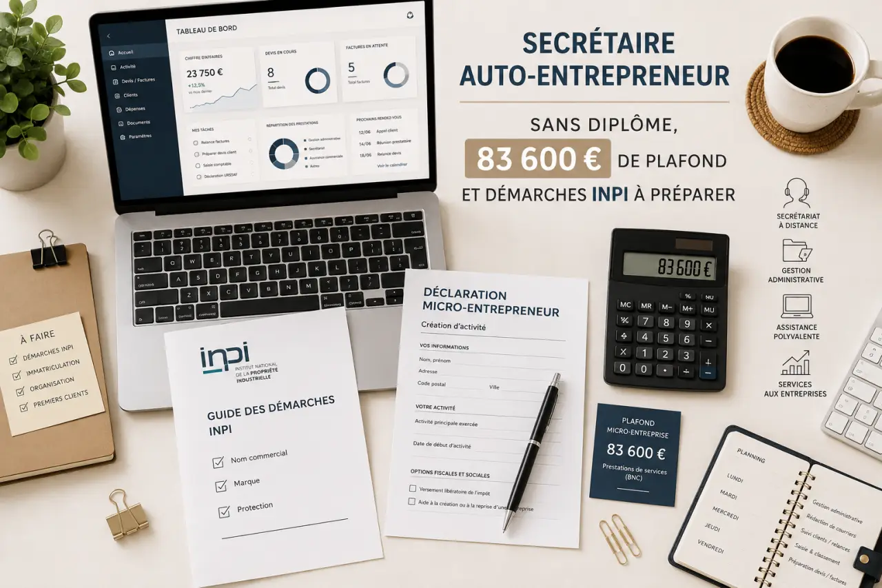 Secrétaire auto-entrepreneur : sans diplôme, 83 600 € de plafond et démarches INPI à préparer