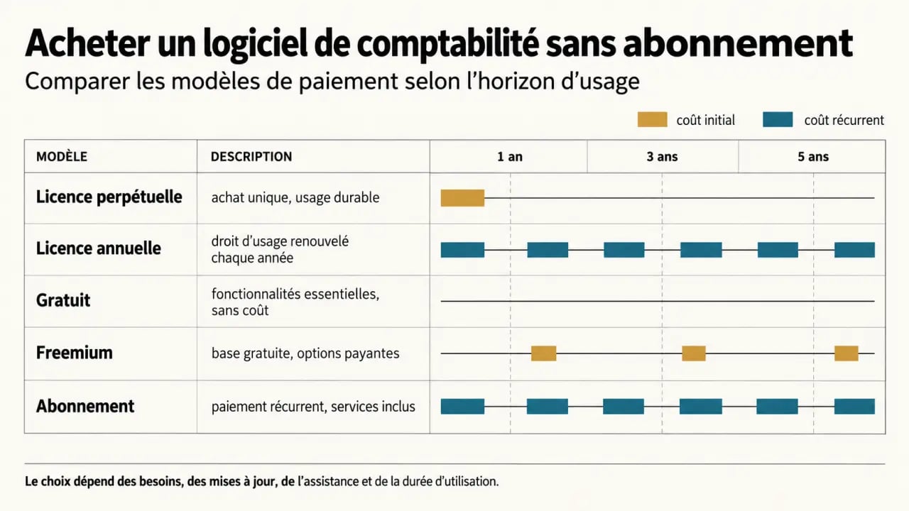 Achat logiciel comptabilité sans abonnement : comparaison visuelle des modèles de licence et d’abonnement sur plusieurs années
