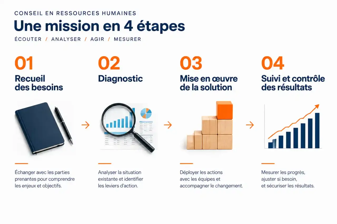 Déroulé d'une mission de consultant ressources humaines en quatre étapes : besoins, diagnostic, mise en œuvre, suivi