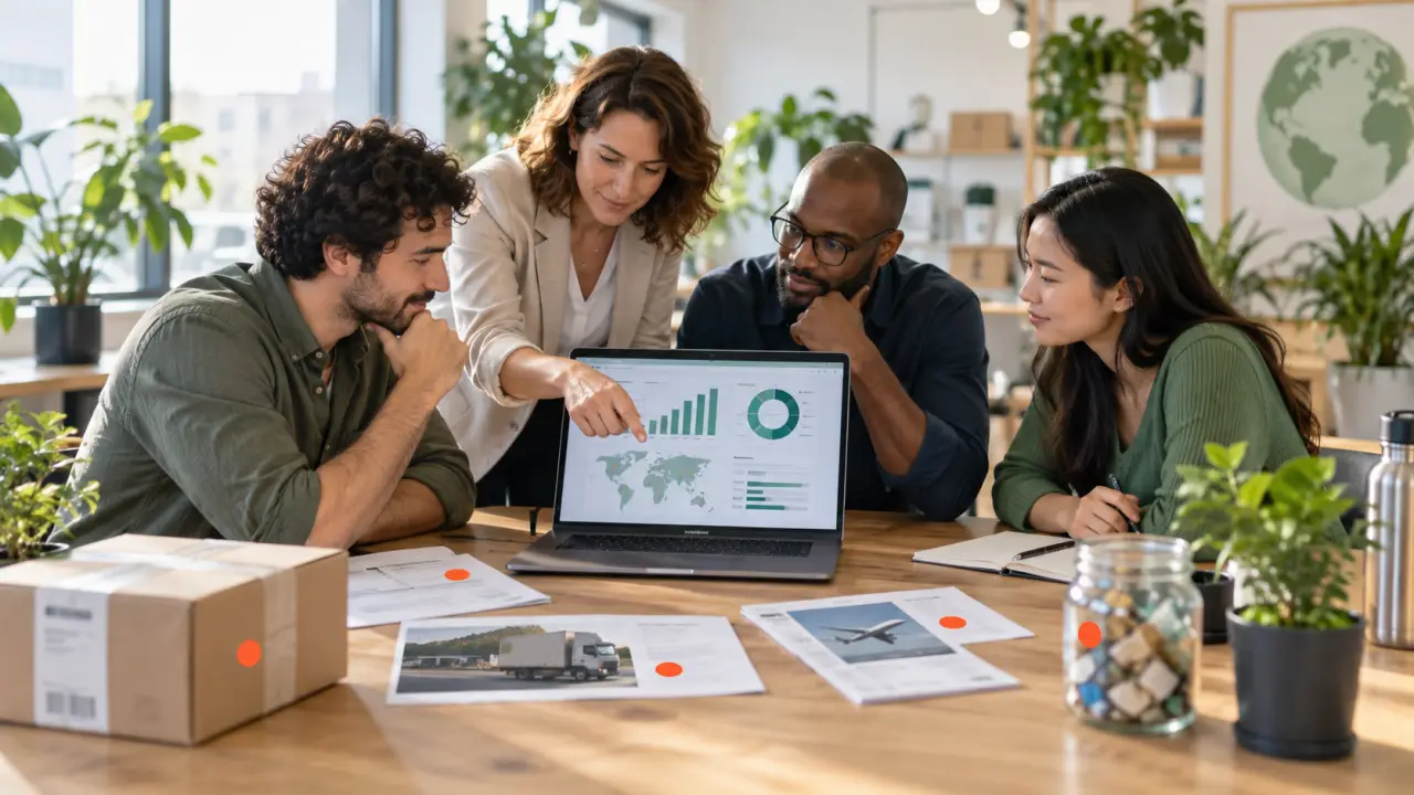 Équipe de PME analysant un bilan carbone et des indicateurs de performance durable