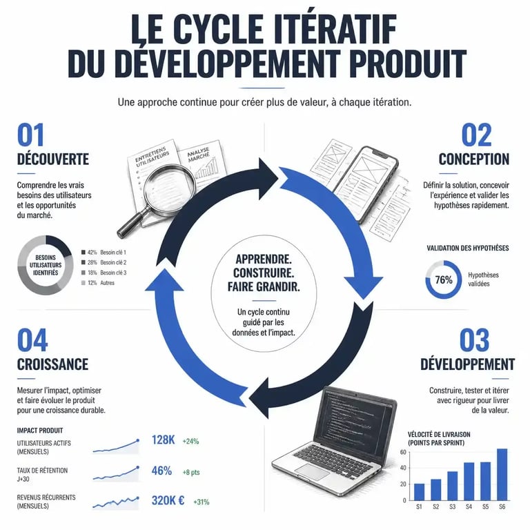 Schéma du cycle de vie d'un produit numérique par une agence product development spécialisée