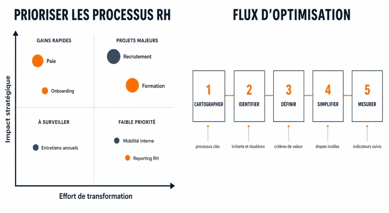 Optimisation ressources humaines illustrée par une matrice de priorisation des processus RH et les étapes clés d’amélioration