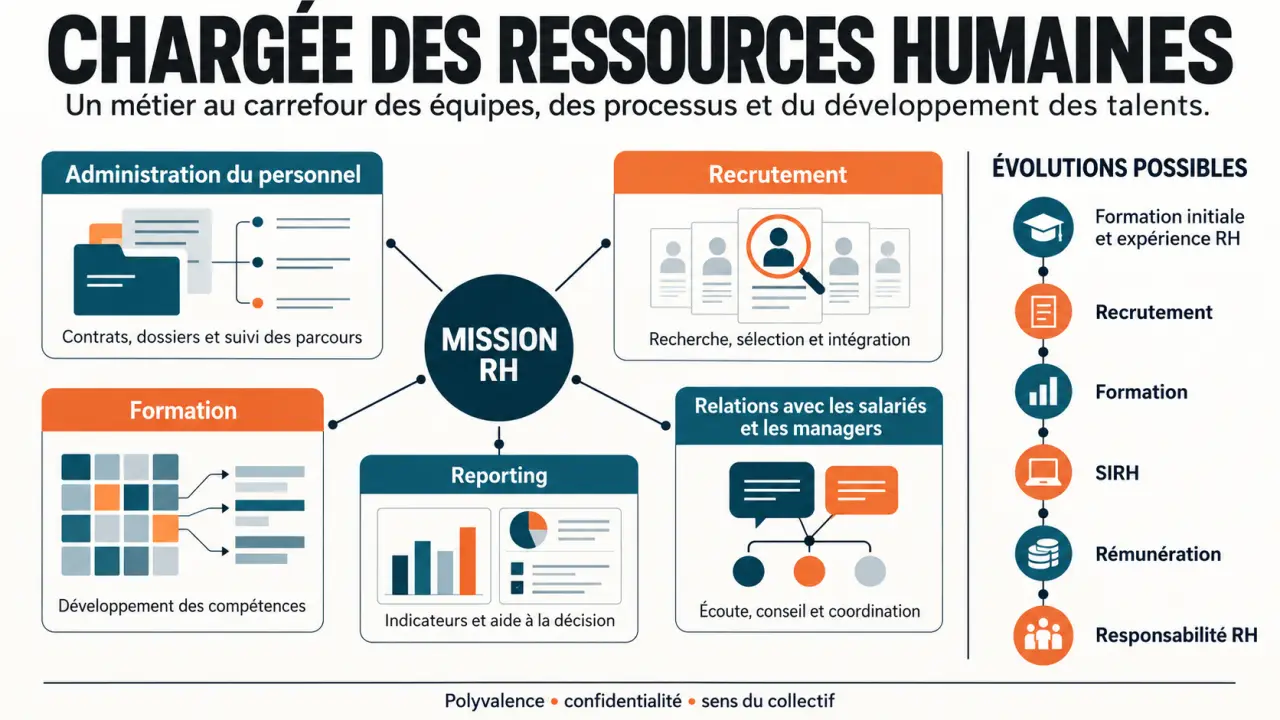 Infographie sur les missions et les évolutions d’une chargée ressources humaines