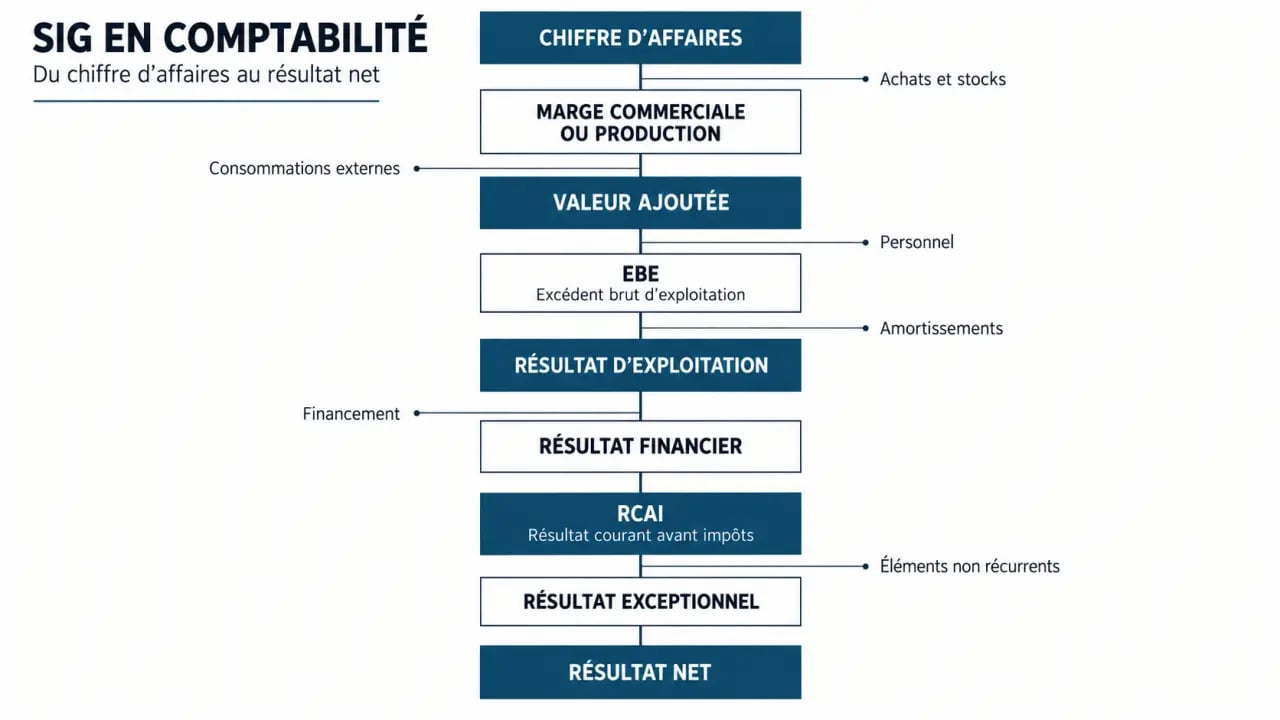 Infographie des SIG en comptabilité, du chiffre d'affaires au résultat net