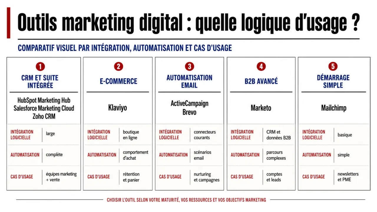 Comparatif du meilleur outil marketing digital intégration logiciels 2026 avec HubSpot, Salesforce, Klaviyo et Brevo