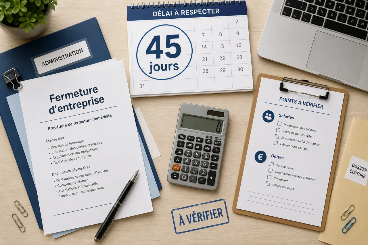 Fermer une entreprise immédiatement : 45 jours, salariés et dettes à vérifier