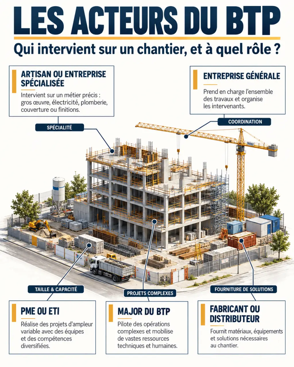 Infographie sur les catégories de société BTP et leurs rôles sur un chantier