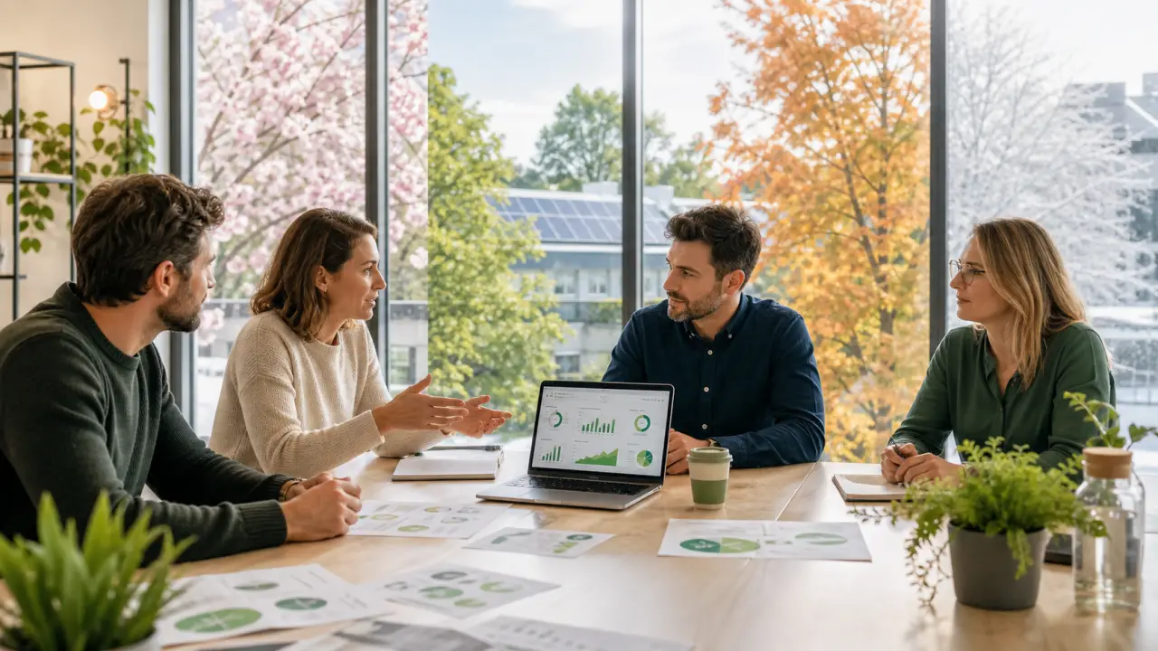 Professionnels en coworking végétalisé travaillant autour d'une table en bois