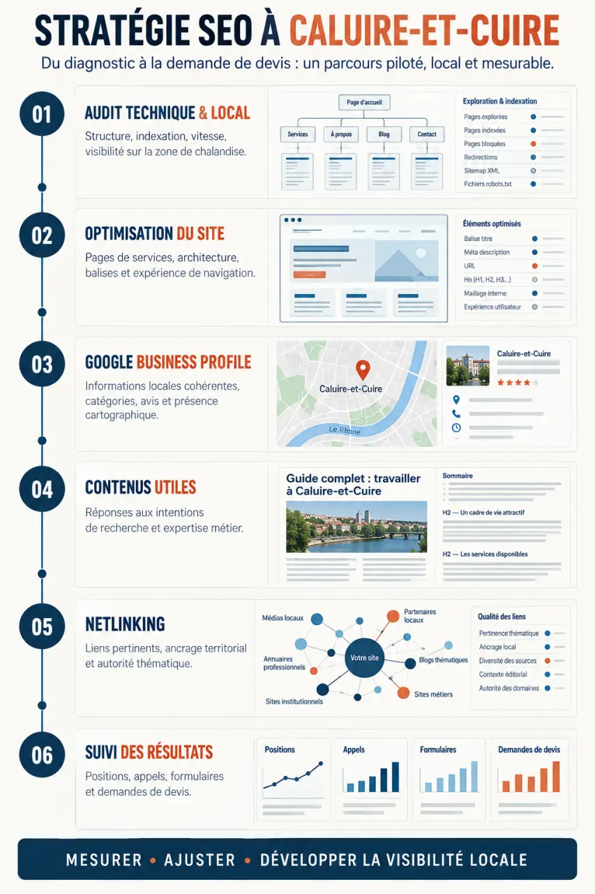 Infographie sur les étapes d’une agence SEO à Caluire-et-Cuire, de l’audit au suivi des conversions