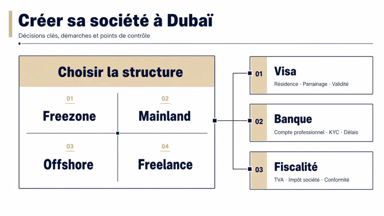 Création société dubai : schéma éditorial des structures Freezone, Mainland, Offshore et Freelance avec visa, banque et fiscalité