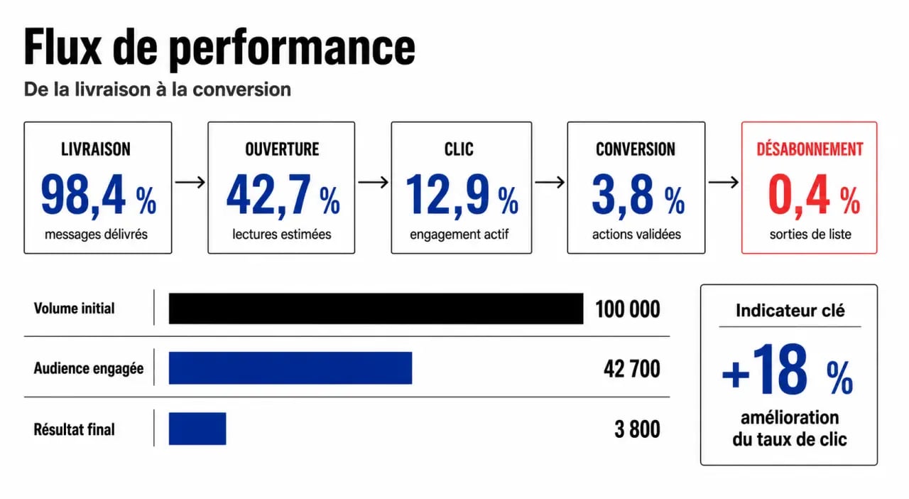 Analyse entreprise message commercial : tableau de bord des KPI de performance, de la livraison à la conversion