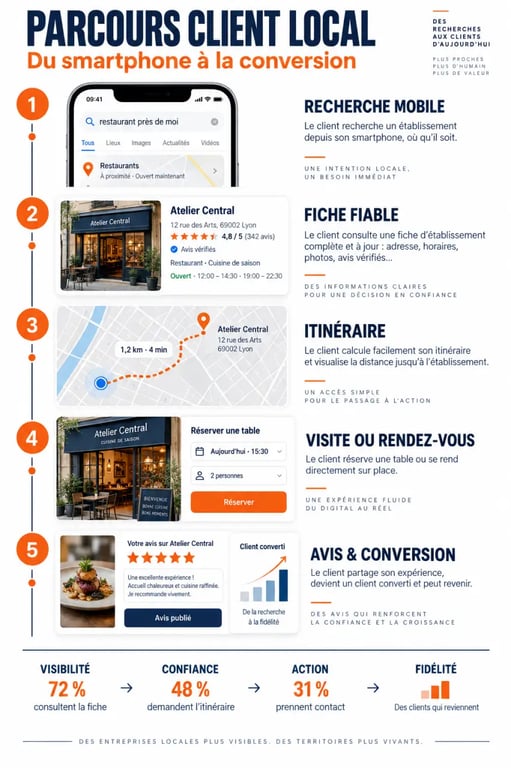 Parcours du client en marketing digital local, de la recherche à la conversion