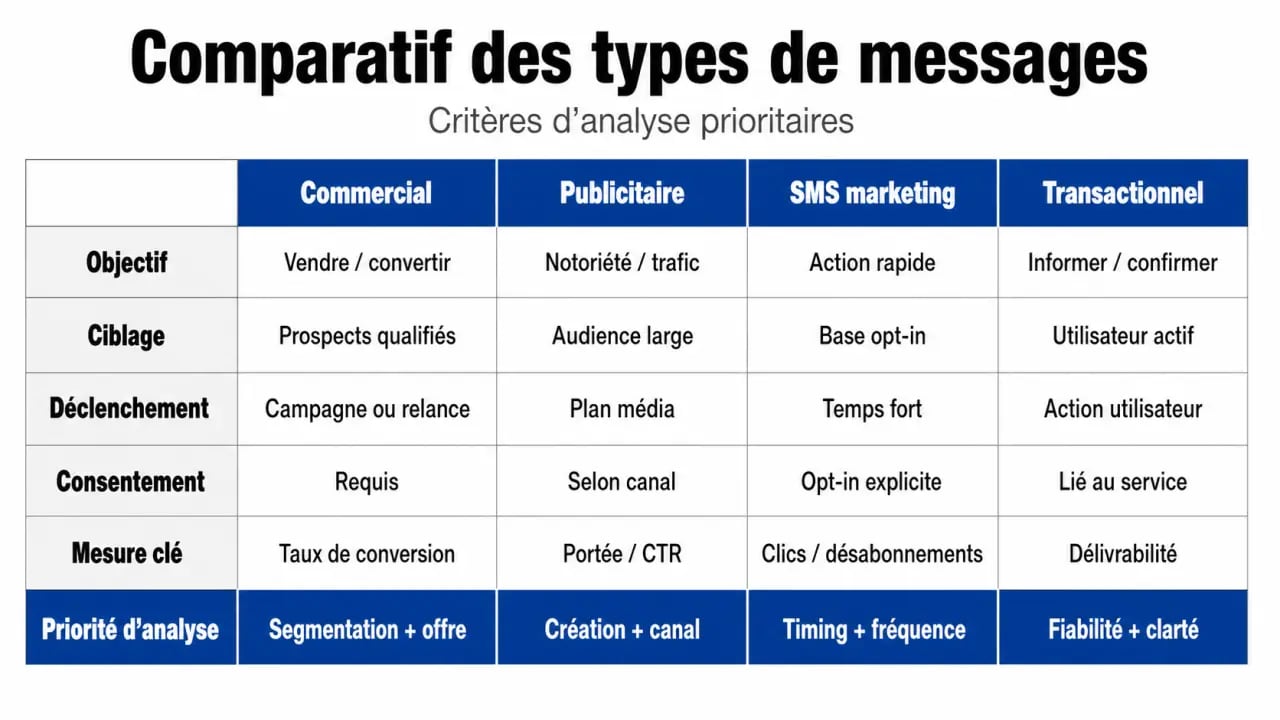 Analyse entreprise message commercial : comparaison visuelle des types de messages et de leurs critères d’analyse