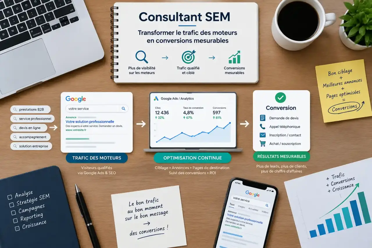 Consultant SEM : transformer le trafic des moteurs en conversions mesurables