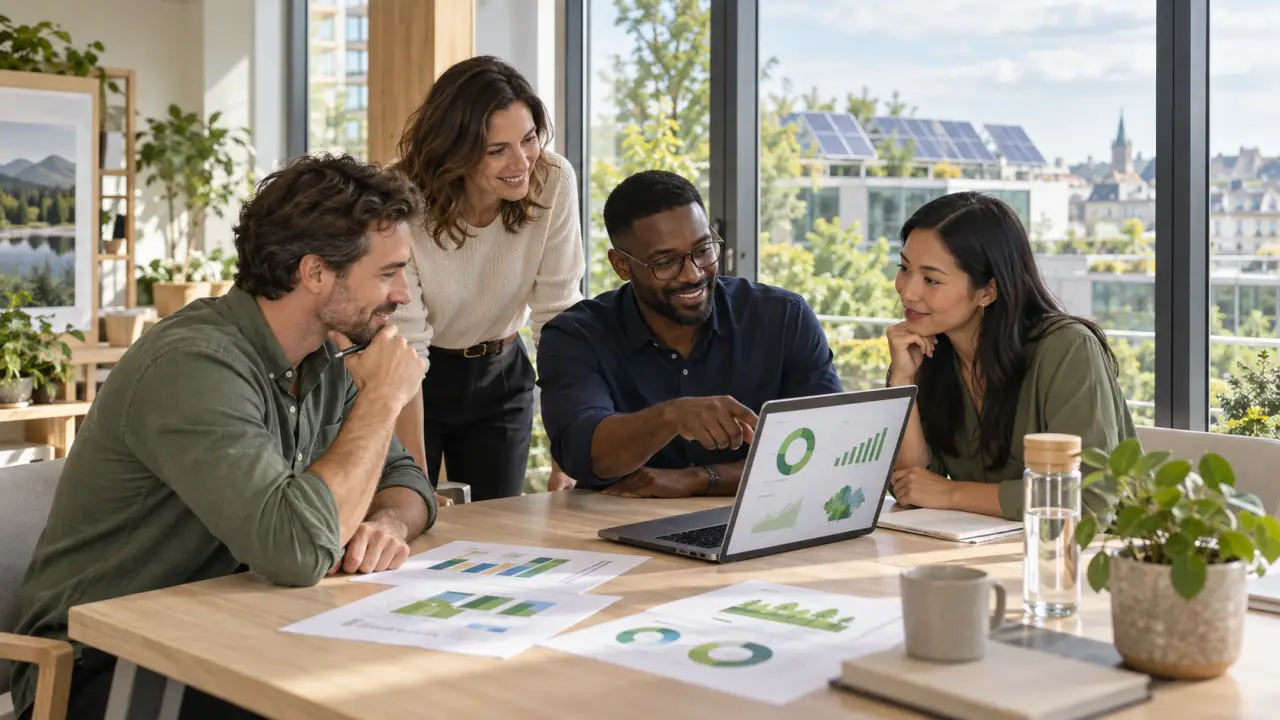 Équipe de PME travaillant sur un bilan carbone et des indicateurs de performance durable