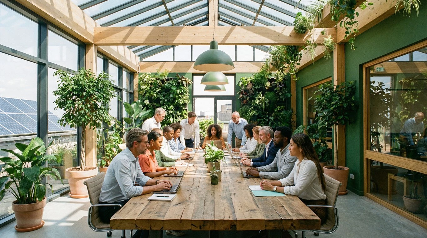 Espace de coworking végétalisé et lumineux avec des professionnels collaborant