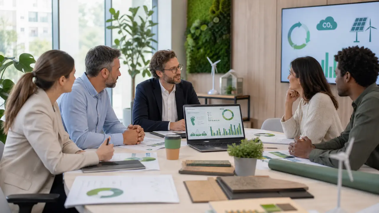 Équipe de PME travaillant sur un bilan carbone dans un espace de coworking lumineux et végétalisé