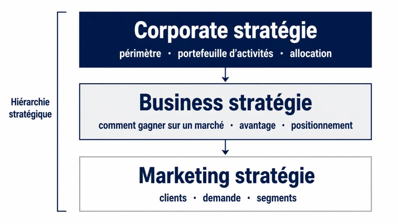 Corporate stratégie : schéma des niveaux corporate, business et marketing