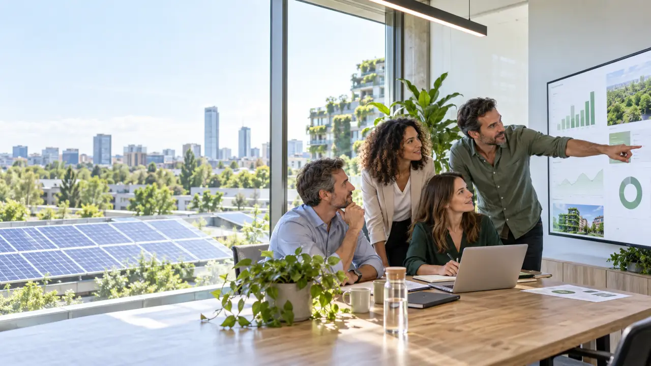 Équipe de PME analysant un bilan carbone et des économies d’énergie dans un espace de travail lumineux