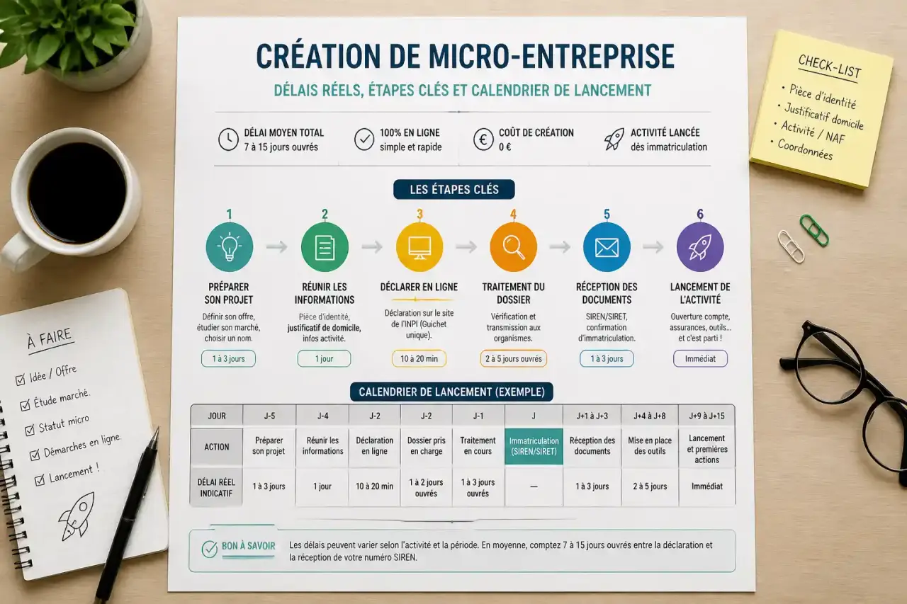 Création de micro-entreprise : délais réels, étapes clés et calendrier de lancement